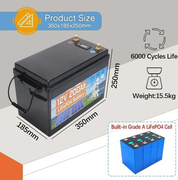 Baterie RUSMR  LiFePO4, 100, 120, 200Ah, 12V + incarcator 10A