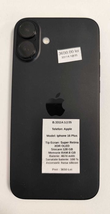 (AG 35) Telefon Apple iPhone 16Plus  b.33114 -3650Lei Garantie 2 ani!