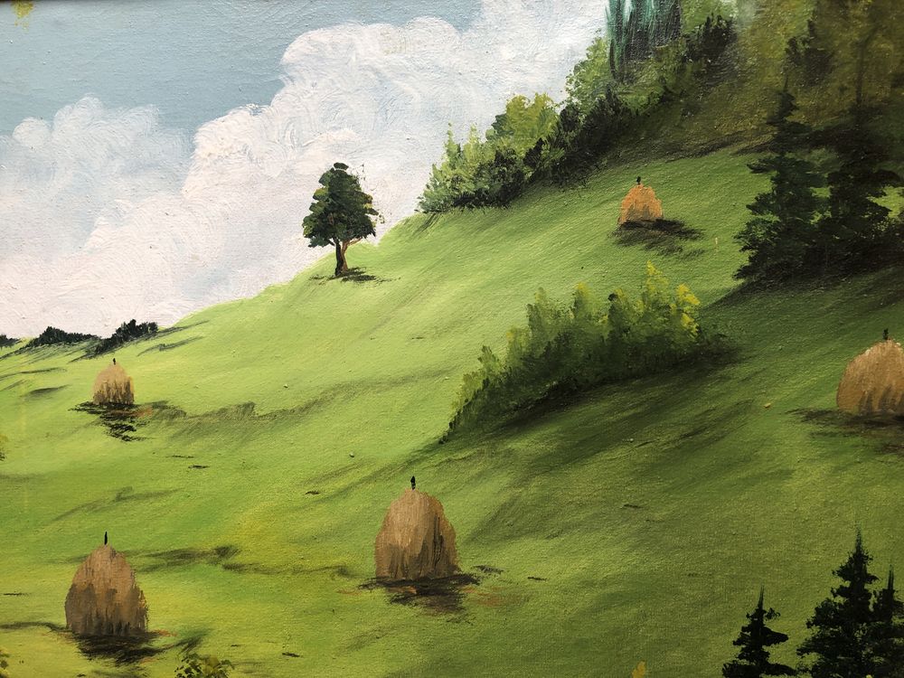 Tablou,pictura in ulei pe panza peisaj rural cu capite de fan,semnat