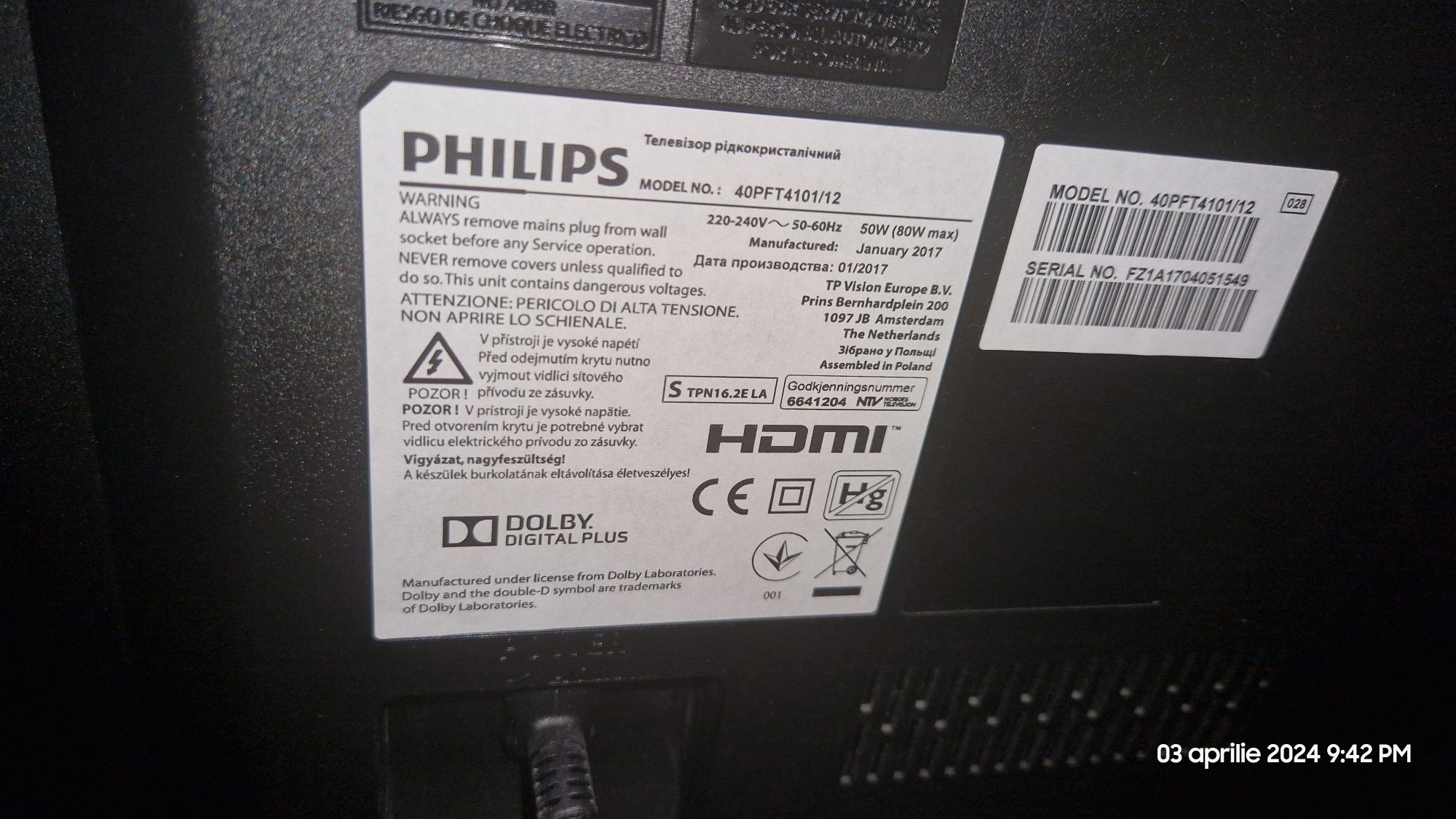 Televizor LED Philips, 102 cm,