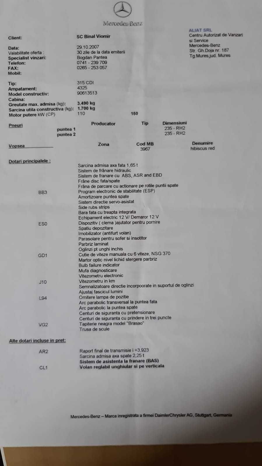 Autoutilitară MERCEDES SPRINTER 315 CDI, carosată cu prelată