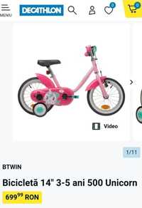 Bicicleta Btwin Unicorn 14 Inch Decathlon, mărime 3-5 ani