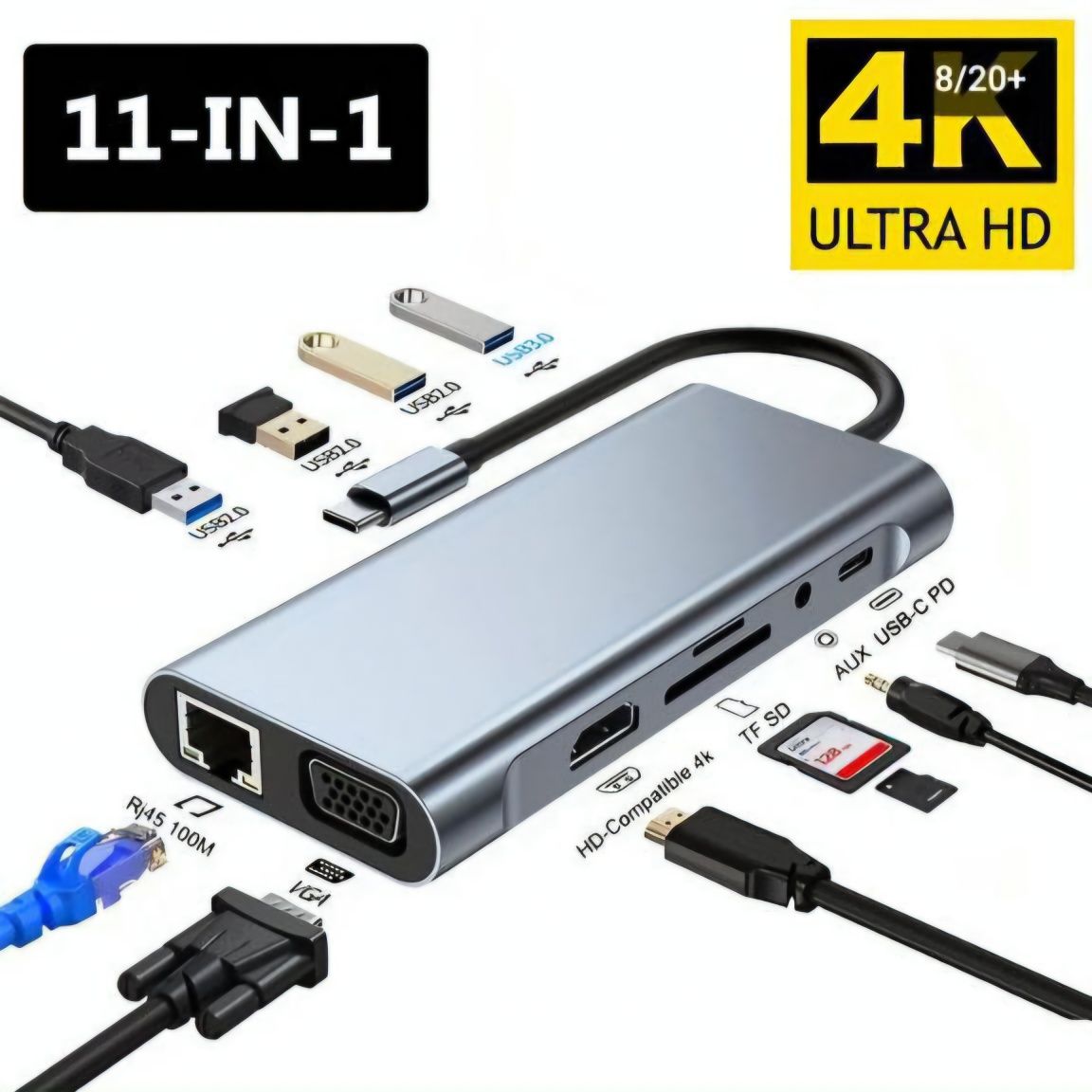 Hub 11 in 1 TypeC Audio + HDTV+ VGA Lan. ест Доставка