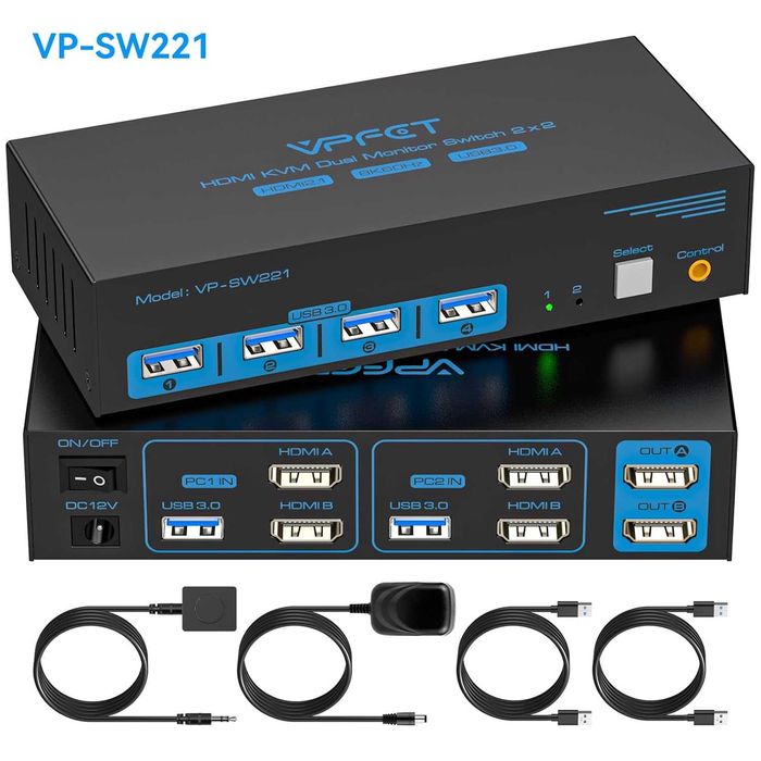 KVM Switch 2 PC 2 Monitoare HDMI 4K 60Hz USB 3