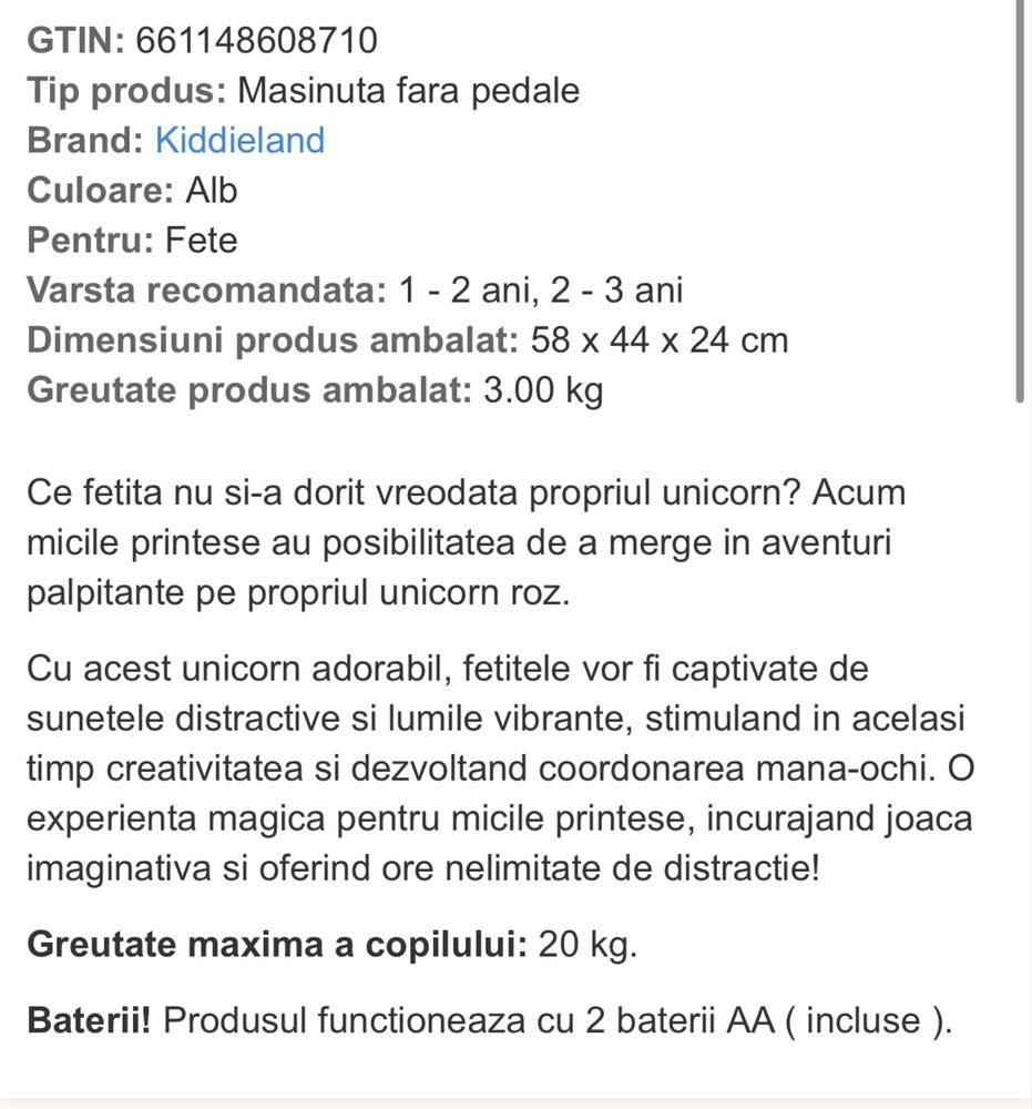 Jucarie - unicorn masinuta fara pedale