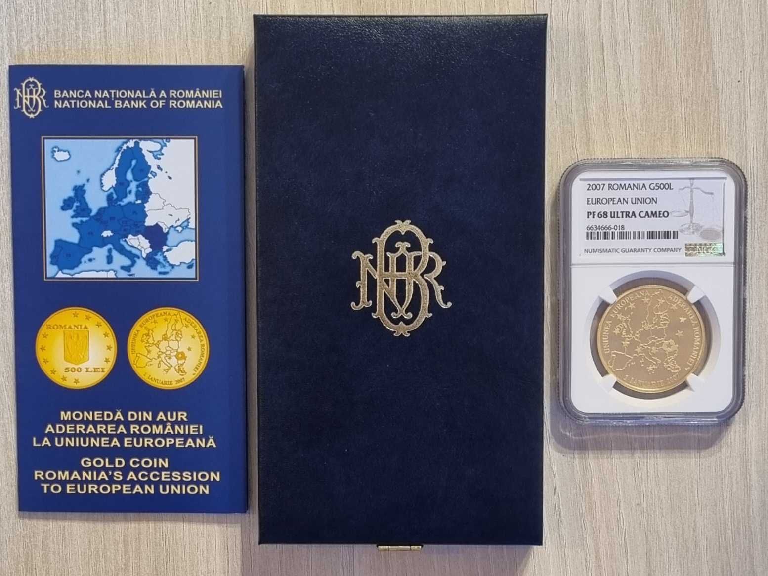 Moneda BNR 500 lei aur, aderarea Romaniei la UE, gradata NGC PF 68