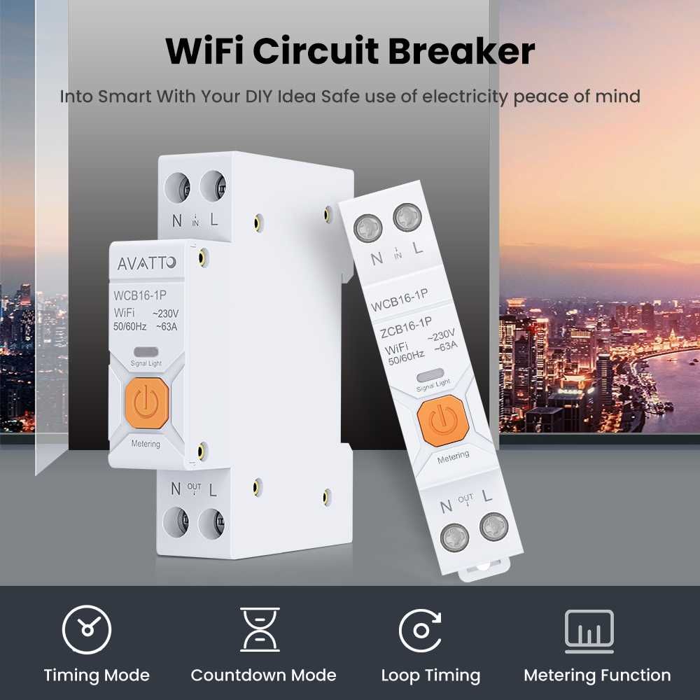 AVATTO WCB-16 WiFi смарт прекъсвач 63 A 1P+N с енергиен монитор