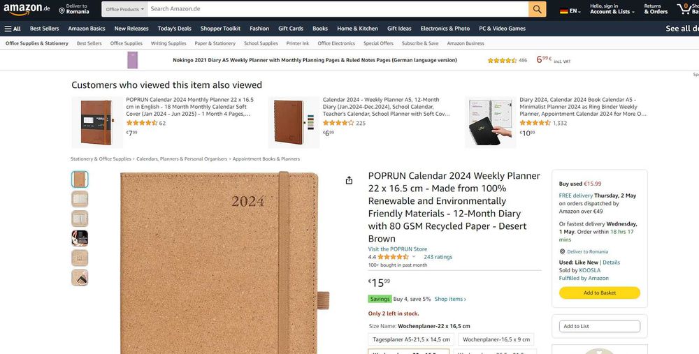 Agenda cu calend si planific, 22x16.5cm, din materiale reciclabile
