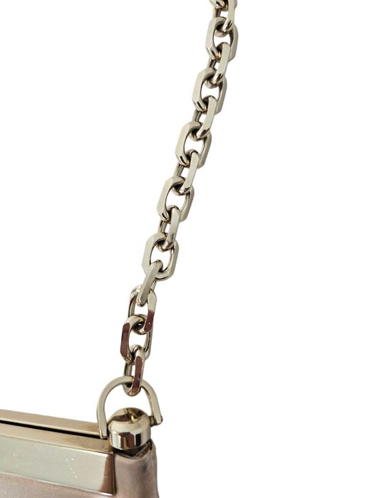 Clutch de seară Lanvin bej din mătase cu lanț și detaliu cu piatră