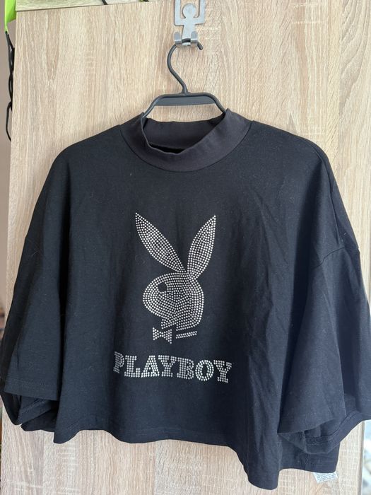 Crop top тениска с камъчета playboy, с щампа на гърба, бяла, черна