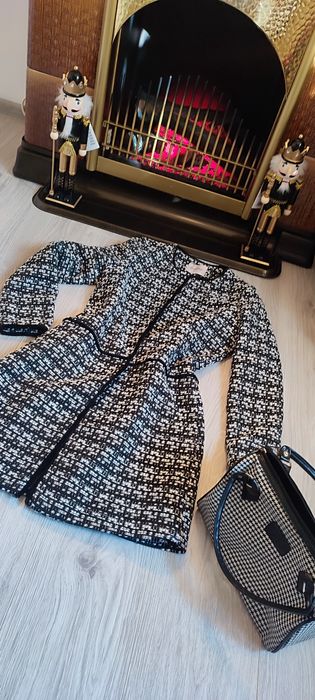 Paltonaș elegant Orsay, negru cu alb, stil Chanel, cu amestec de lână