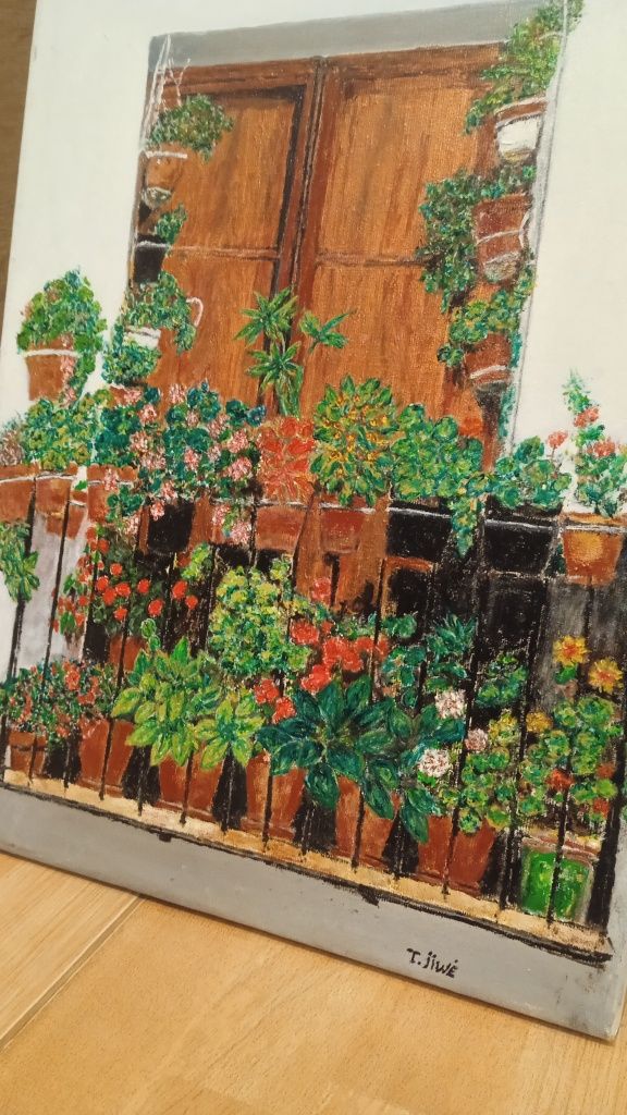 Balcon cu flori, tablou frumos pictat pe panza si semnat