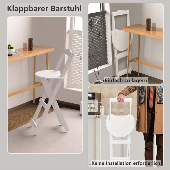 Scaun Bar Pliabil Uyoyous din Bambus, cu Spătar, 61 cm, Alb - REDUCERE
