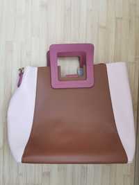 Дамска чанта в розово и кафяво, естествена кожа