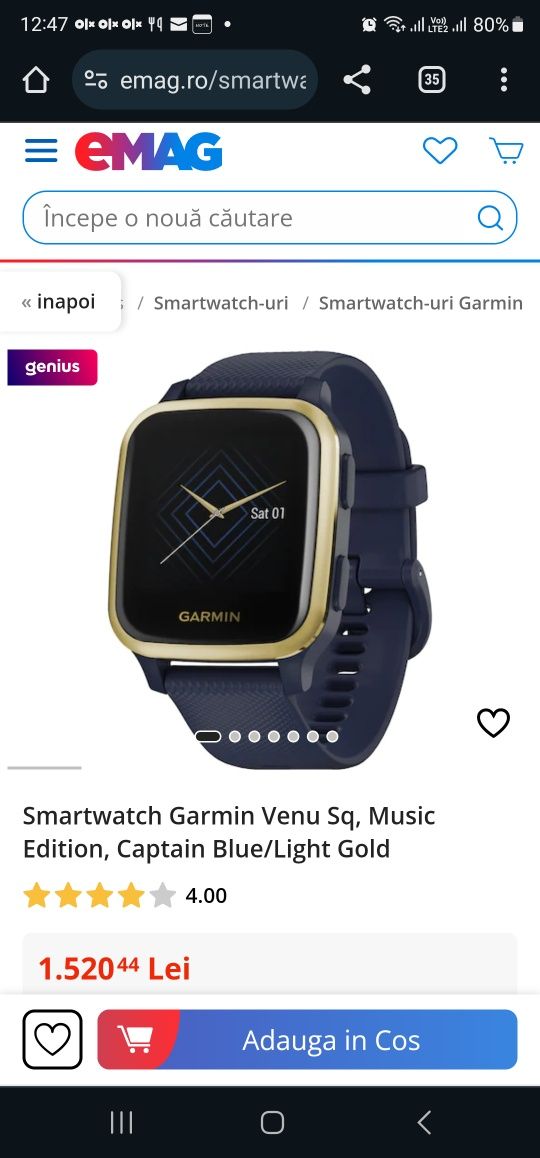 Smartwatch Garmin Venu Sq, Music Edition, Captain Blue/Light Gold