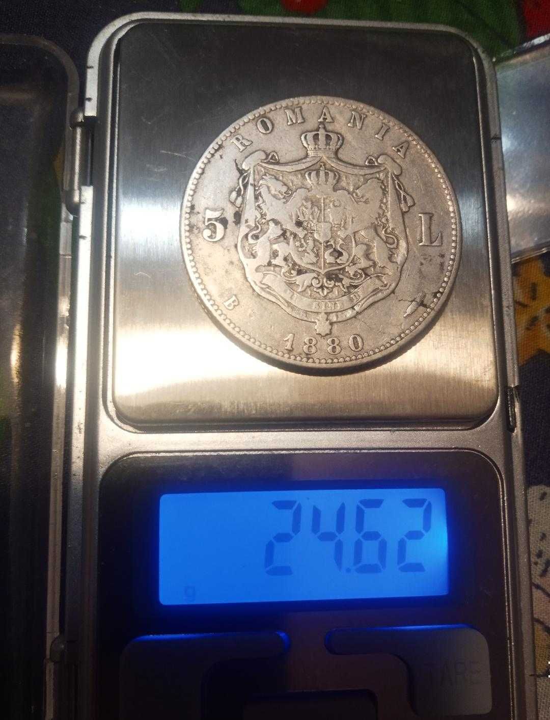 Monede 5 lei 1880 (gravor pe cerc-raruta);50 bani 1900 Carol l, argint