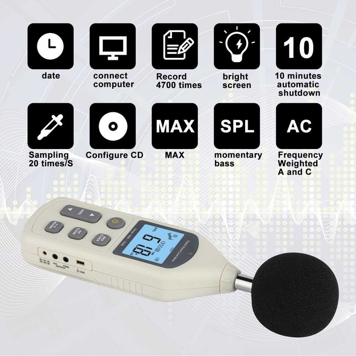 Decibelmetru, Aparat masurare zgomot 30-130dB cu USB si ecran iluminat