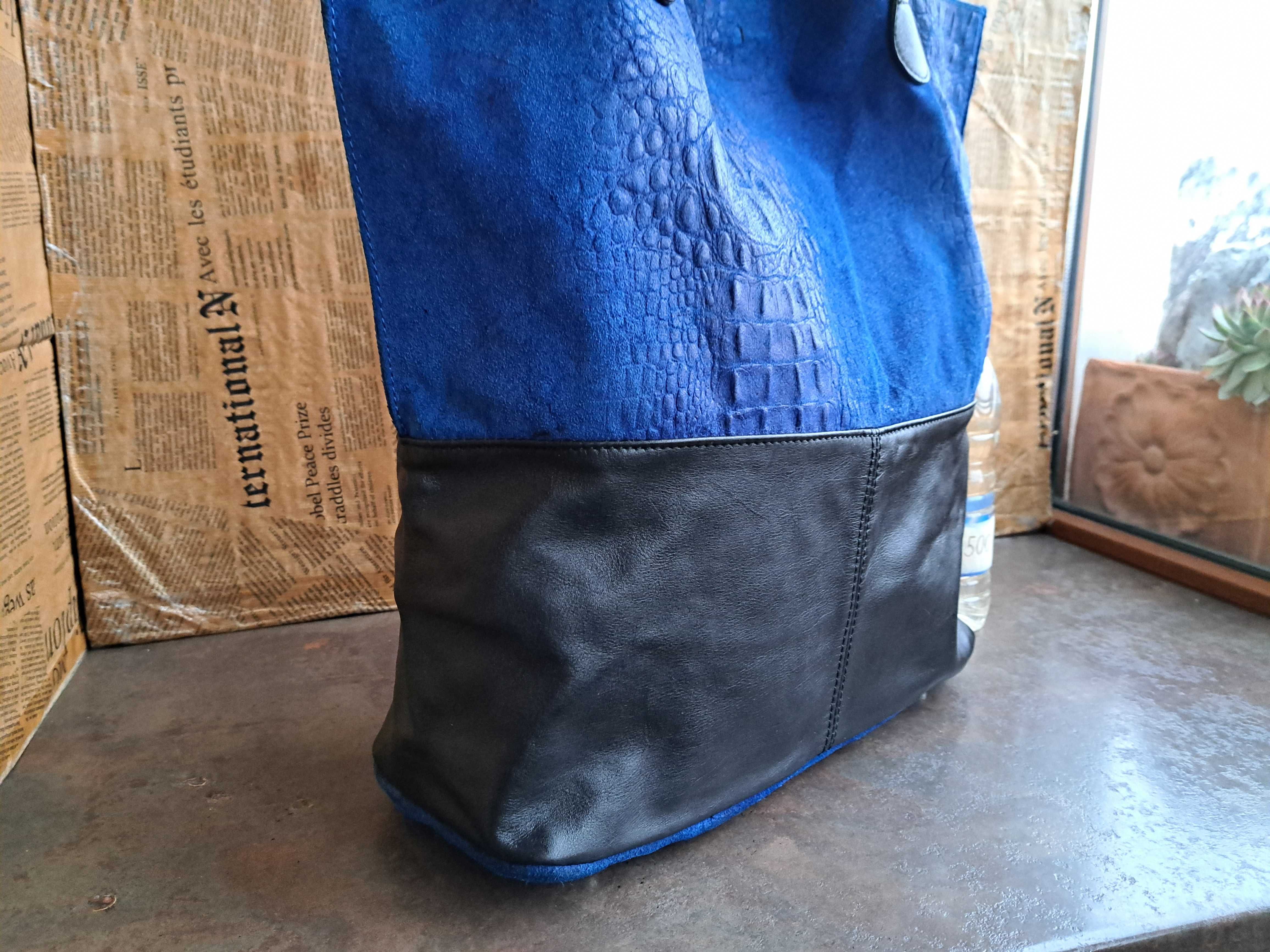 турско синя чанта,торба-естествен велур и кожа