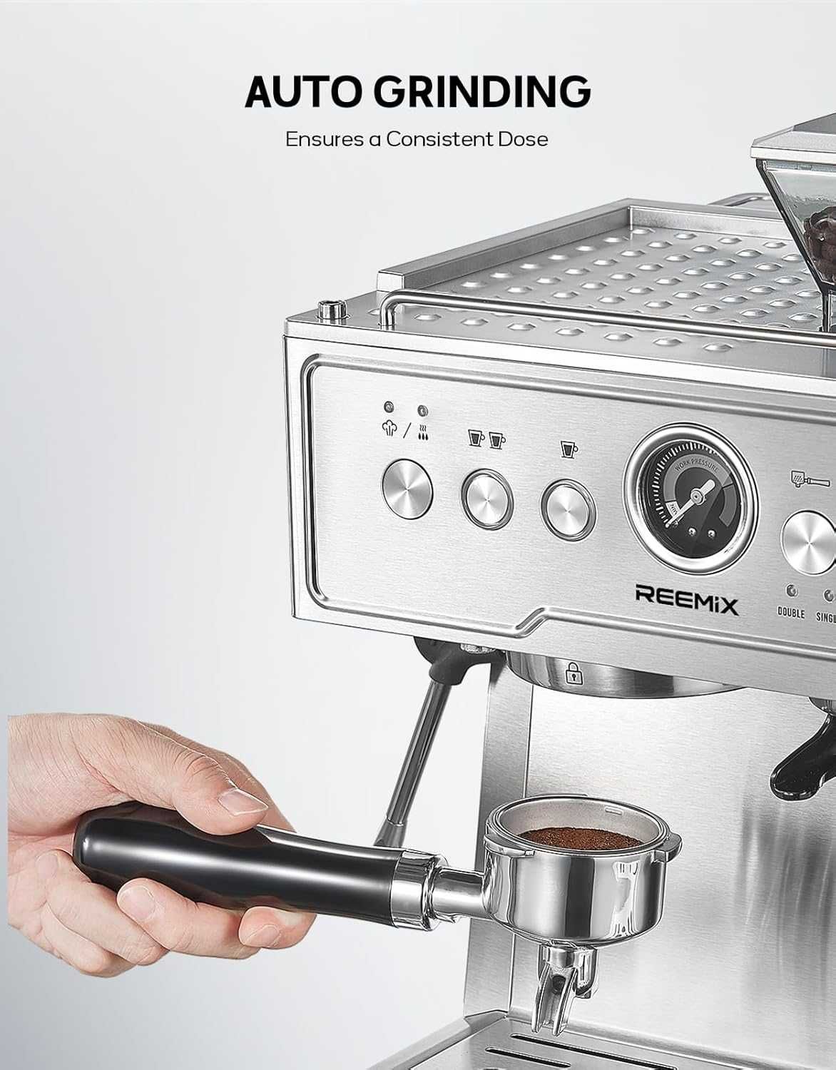 Кафемашина Reemix, 20Bar, вградена мелачка и разпенител за мляко,1350W