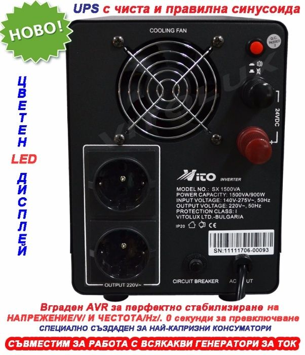 1500VA Инвертор за ток с ЧИСТА И ПРАВИЛНА СИНУСОИДА за Парно 24V/230V