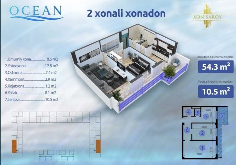 XON SAROY OCEAN 2 xonali uy sirochna sotiladi yunsabod 19
