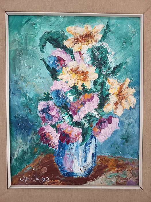 Tablou Deosebit Pictat "Vaza Cu Flori" Artist Italian Semnat