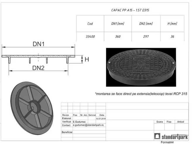 Camin canalizare, D 315 mm, 3 intrari + 1 iesire D 160 mm cu capac