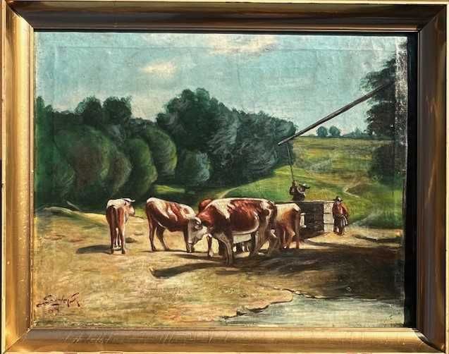 Tablou f VECHI, 110 ani ”Vaci la adăpat”, ul/pz, 80x60cm+R, semn-datat