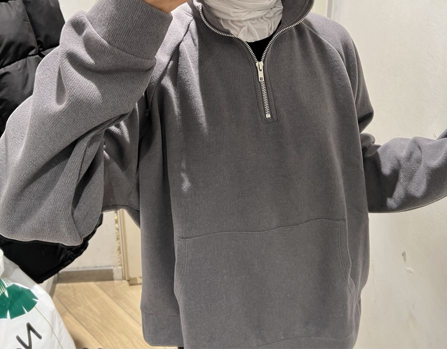Свитшот с молнией (half-zip, серый, оверсайз, с карманом)