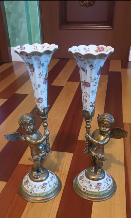 Pereche Sfesnice vechi, Bronz și Porțelan