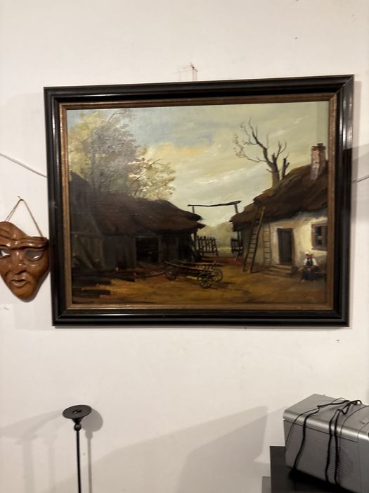Peisaj rural tradițional, pictură în ulei pe pânză