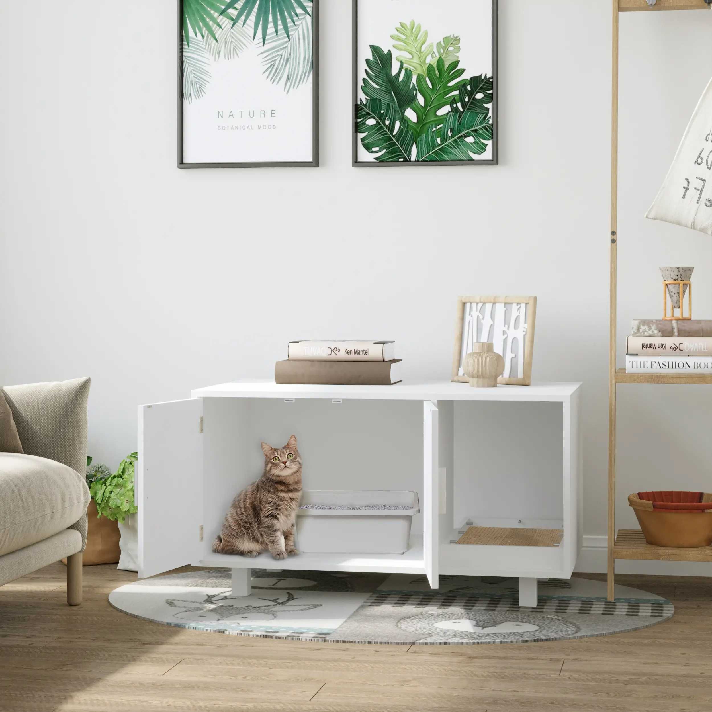 Mobilier din Lemn pentru Litiera Pisicilor, 2 Uși 91x52x50,5 cm, Alb