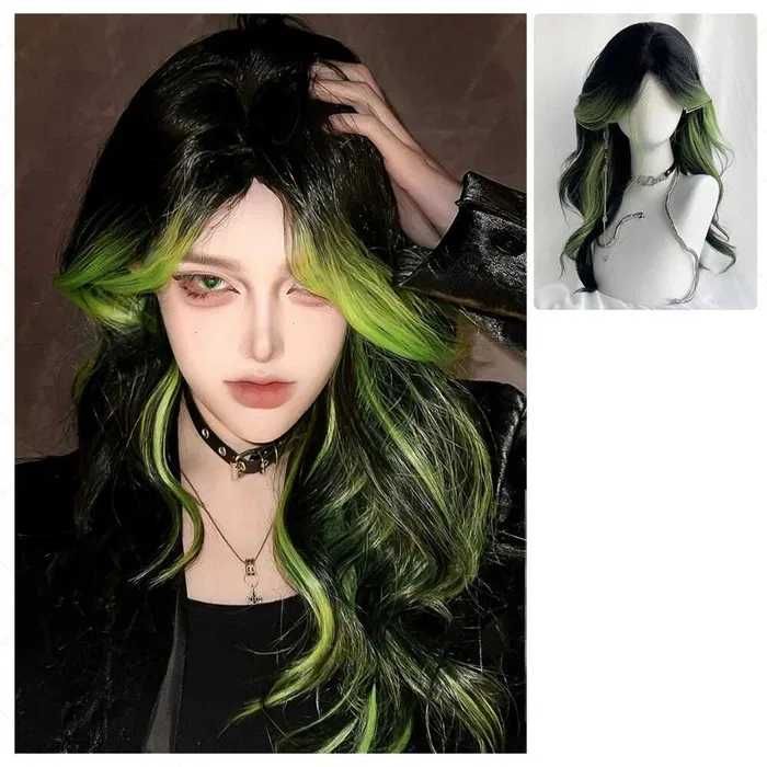 Черна чуплива перука с лимонено жълти кичури