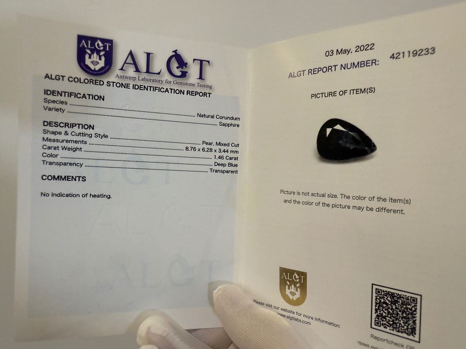 Син сапфир ALGT сертификат натурален Нетретиран круша фасет 1.46 карат