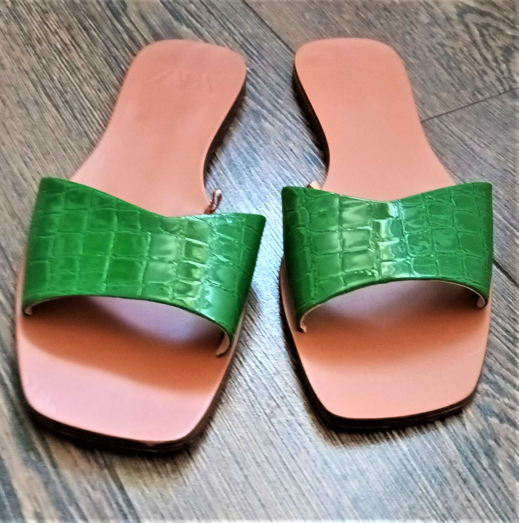 ZARA Sandale Flip Flop, papuci piele, maro cu verde