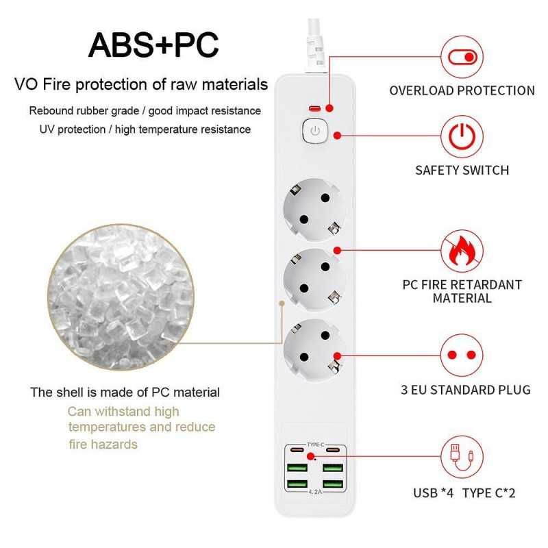 Универсален разклонител с 3 гнезда,4.2А, 3000W, 2 Type-C портала,4 USB