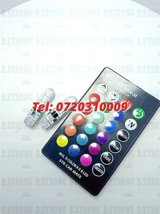 New Set 2 Becuri Led T10 Auto Pozitie 6 Smd Multicolor Rgb Cu Teleco