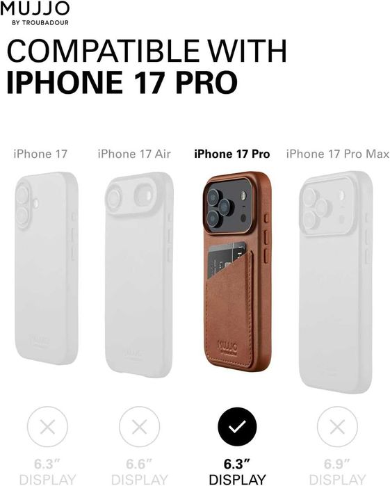 Кожен калъф-портфейл Mujjo за iPhone 17 Pro съвместим с MagSafe, кафяв