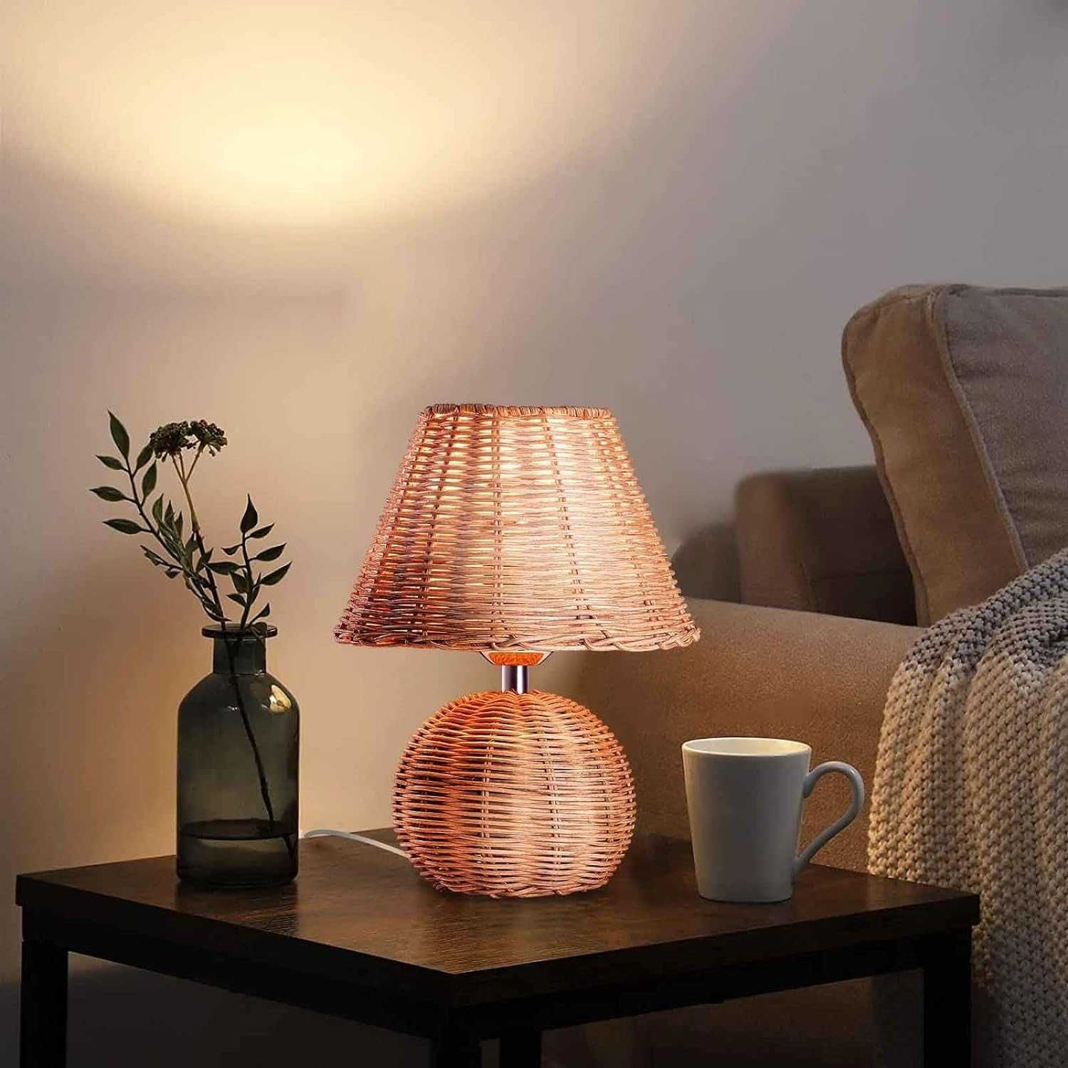 Екологична ратанова настолна лампа, ръчно плетен абажур, Е14, 2 броя