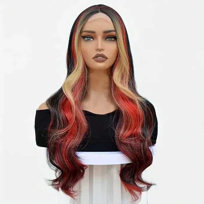 Вълнообразна перука с кичури микс от цветове русо червено черно на път