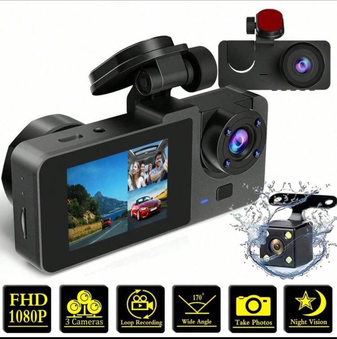 Cameră auto triplă Full HD cu Night Vision și cameră spate