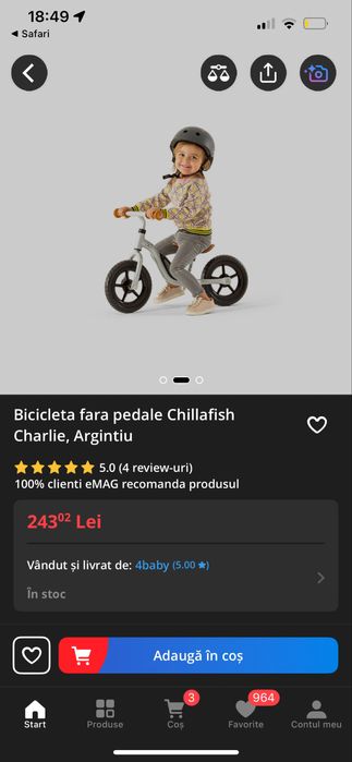 Bicicleta fara pedale Chillafish Charlie, Аrgintiu