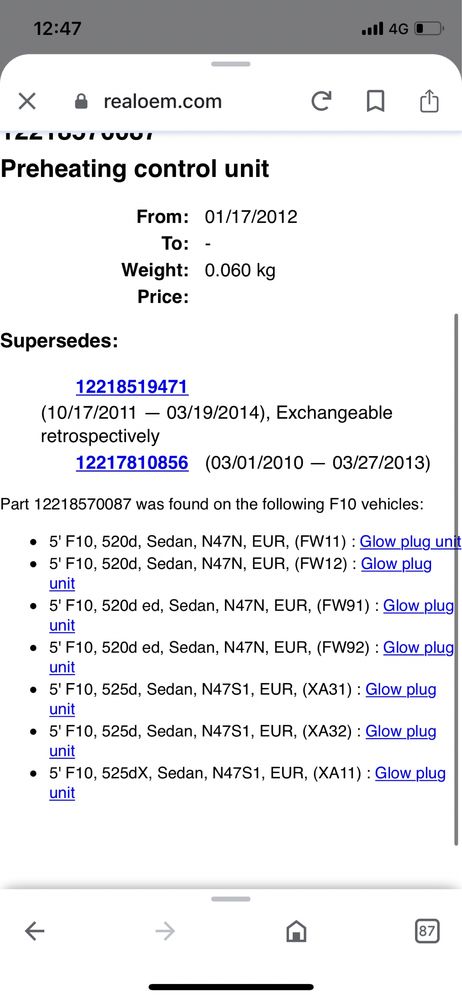 Releu buji bmw F20 E90 F30 F07 F10 E84 F25 F15, 8570087