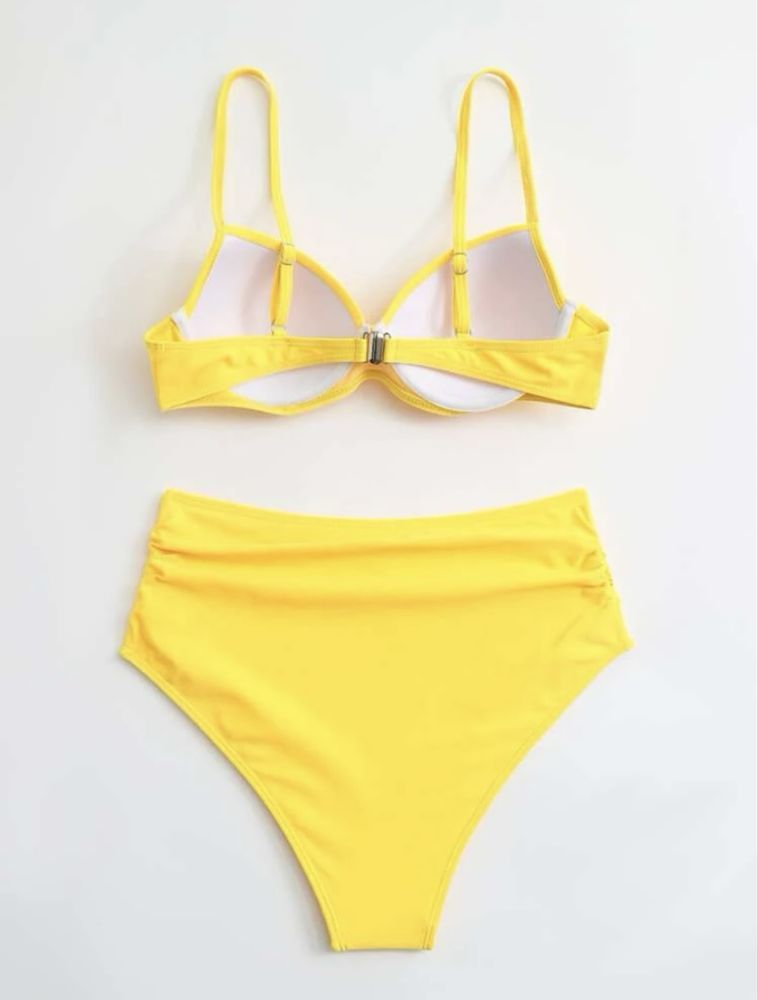 Costum de baie galben cu talie inalta