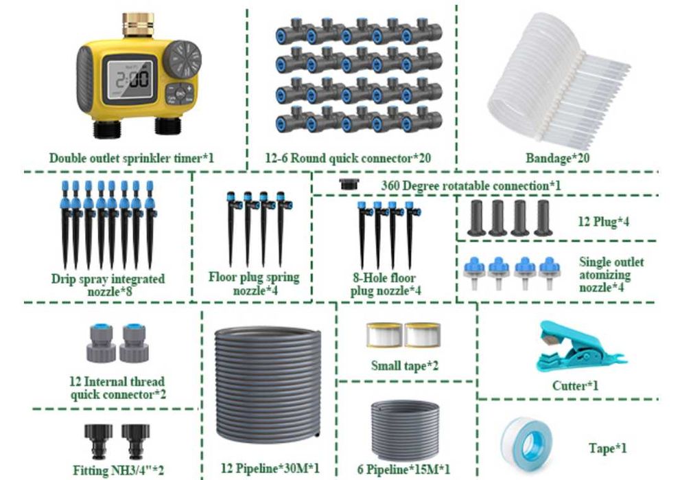 Комплект за градинско капково напояване двупортов таймер програми