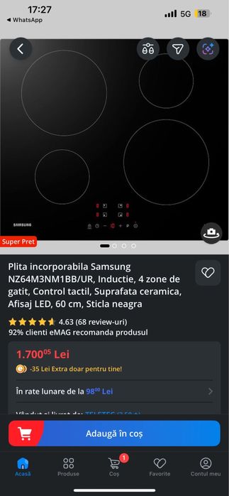 Plita incorporabila inductie Samsung NZ64M3NM1BB/UR,