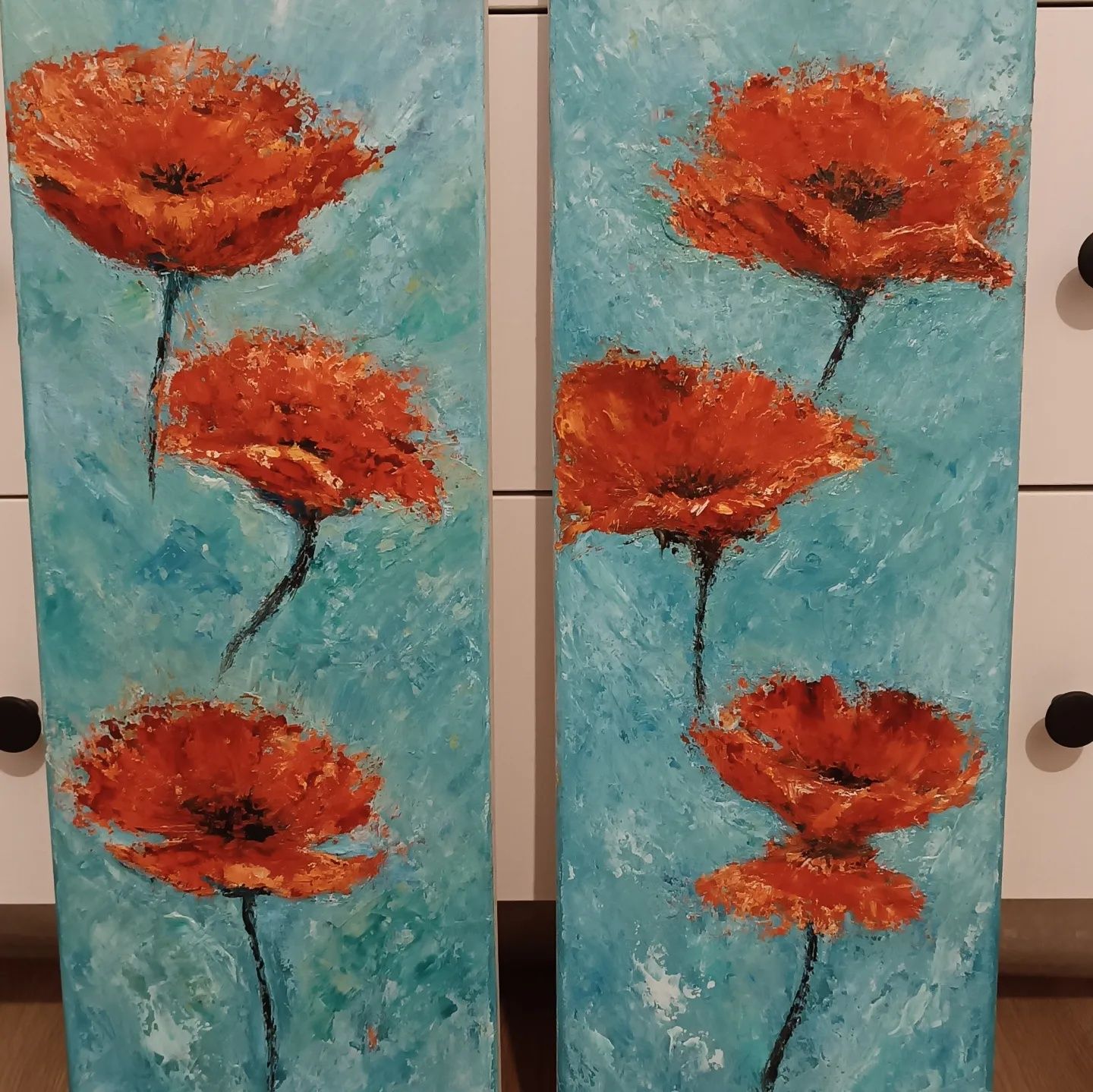 3 Tablouri in ulei pe canvas, " Poppies in the Wind..", 50/20 cm.