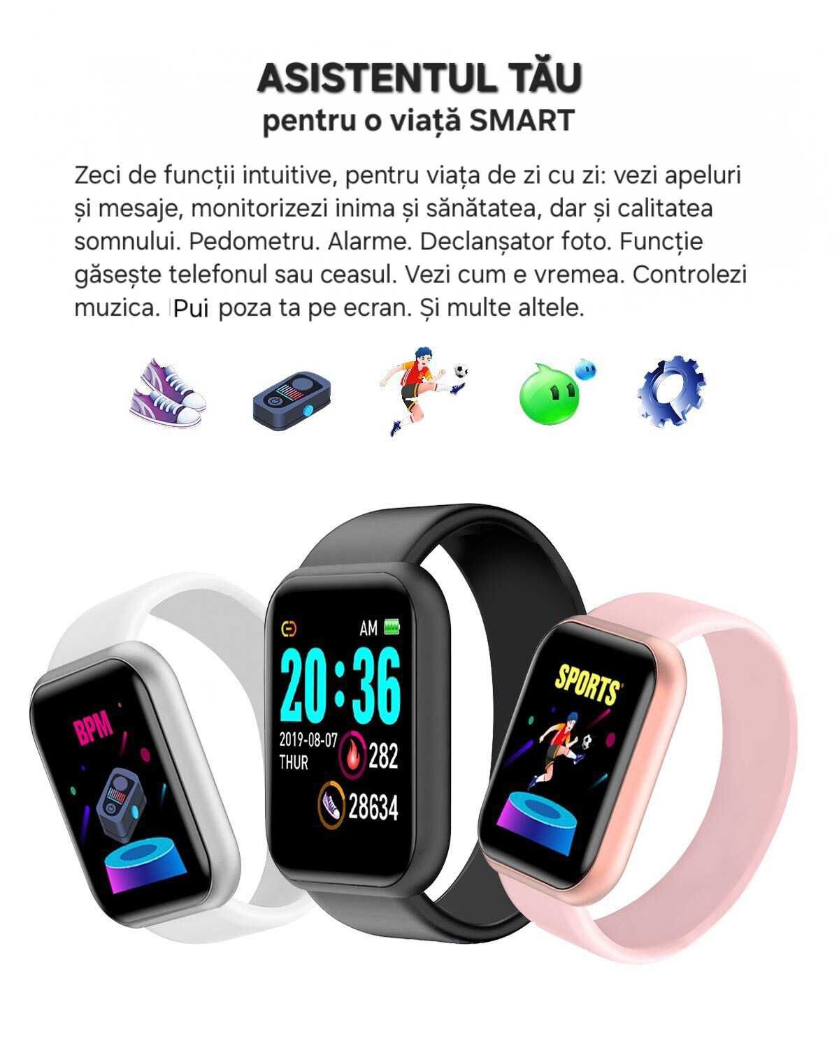 Smartwatch Bluetooth Alb HD. Apel&Mesaje. Notificări. Zeci de funcții.