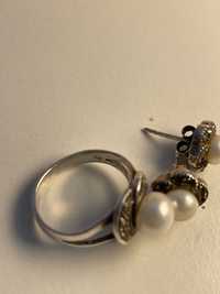 Set argint 925 inel si cercei cu perle si marcasite