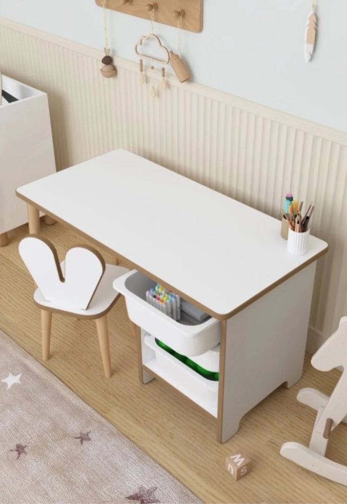 Детска маса с три чекмеджета 90*45см с 1 Стол "KinderTable"-Бял